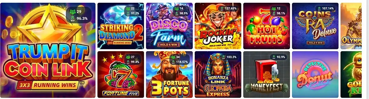 Online casino slot game selection showing multiple featured slots with RTP percentages