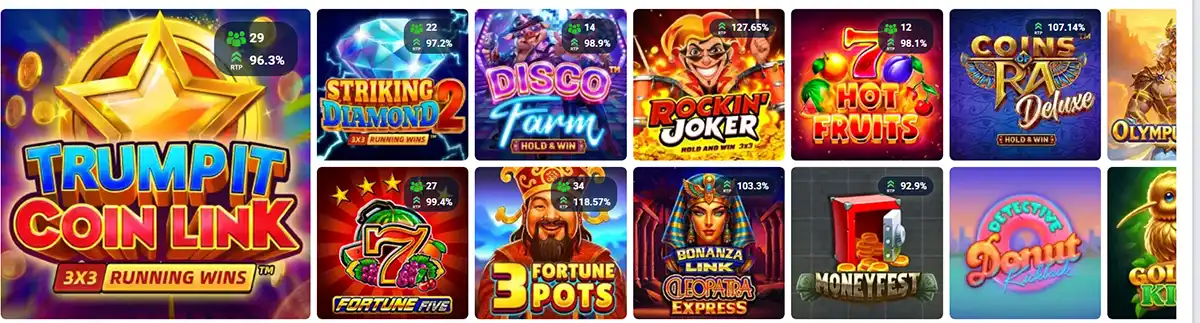 Online casino slot game selection showing multiple featured slots with RTP percentages